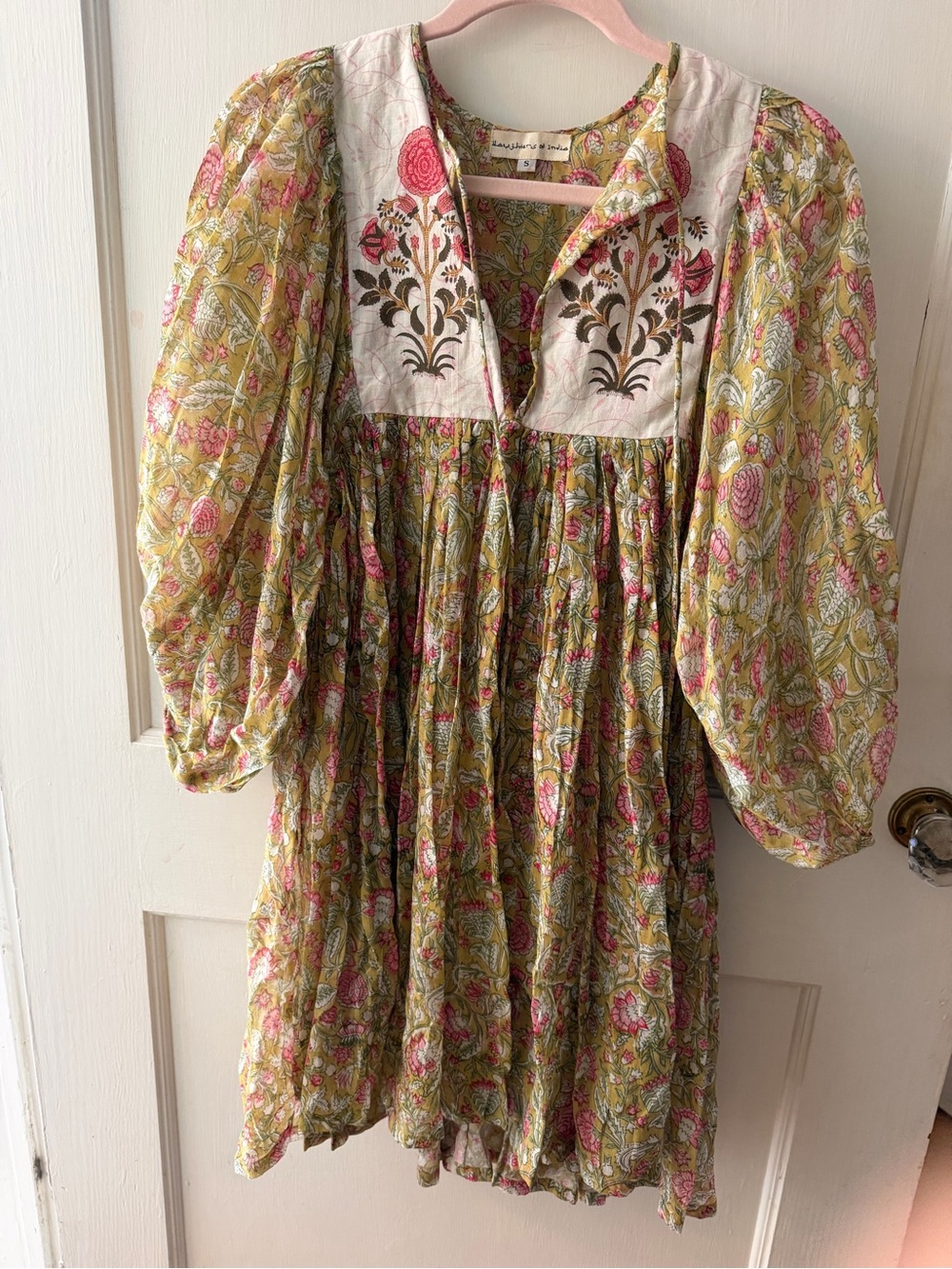 Daughters of India Olive Green and Pink Floral Puff-Sleeve Dress